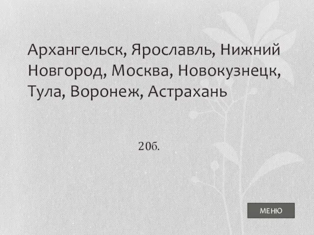 МЕНЮ Архангельск, Ярославль, Нижний Новгород, Москва, Новокузнецк, Тула, Воронеж, Астрахань 20б.