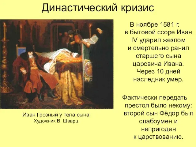 Династический кризис В ноябре 1581 г. в бытовой ссоре Иван IV ударил