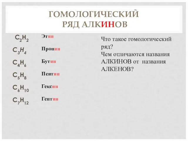 ГОМОЛОГИЧЕСКИЙ РЯД АЛКИНОВ C2H2 C3H4 C4H6 C5H8 C6H10 C7H12 Этин Пропин Бутин