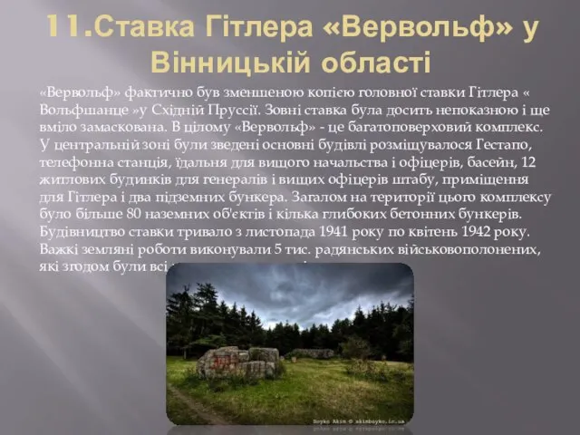 11.Ставка Гітлера «Вервольф» у Вінницькій області «Вервольф» фактично був зменшеною копією головної