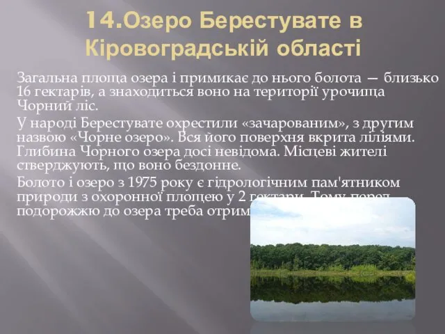 14.Озеро Берестувате в Кіровоградській області Загальна площа озера і примикає до нього