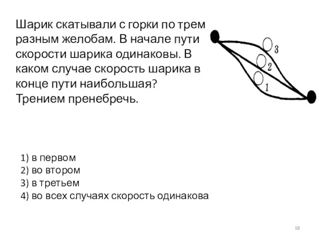 Шарик скатывали с горки по трем разным желобам. В начале пути скорости