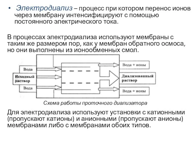 Электродиализ – процесс при котором перенос ионов через мембрану интенсифицируют с помощью