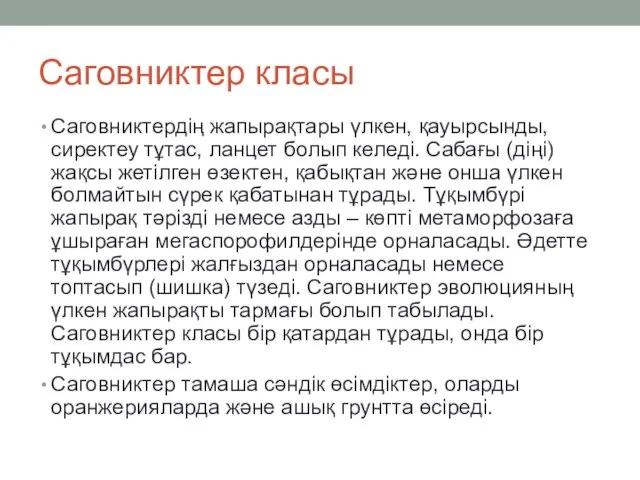 Саговниктер класы Саговниктердің жапырақтары үлкен, қауырсынды, сиректеу тұтас, ланцет болып келеді. Сабағы