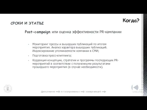 Когда? СРОКИ И ЭТАПЫ Post-campaign или оценка эффективности PR-кампании Мониторинг прессы и