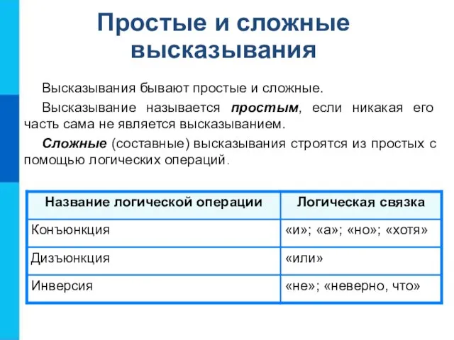 Простые и сложные высказывания Высказывания бывают простые и сложные. Высказывание называется простым,