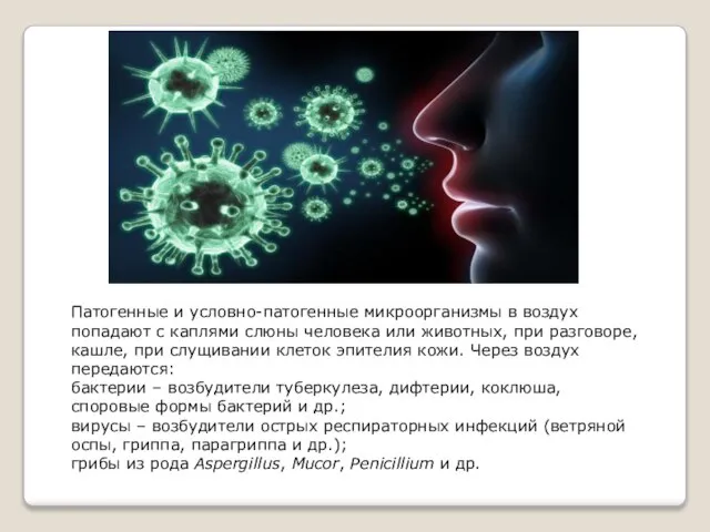 Патогенные и условно-патогенные микроорганизмы в воздух попадают с каплями слюны человека или