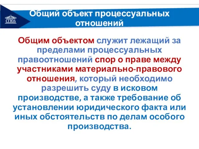 Общий объект процессуальных отношений Общим объектом служит лежащий за пределами процессуальных правоотношений