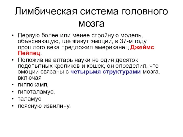 Лимбическая система головного мозга Первую более или менее стройную модель, объясняющую, где