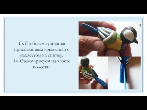 13. По бокам туловища присоединяем крылышки с нахлёстом на спинку. 14. Стеком рисуем на хвосте полоски.
