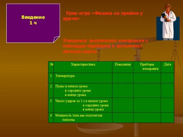 Введение 1 ч Урок-игра «Физика на приёме у врача» Учащиеся выполняют измерения