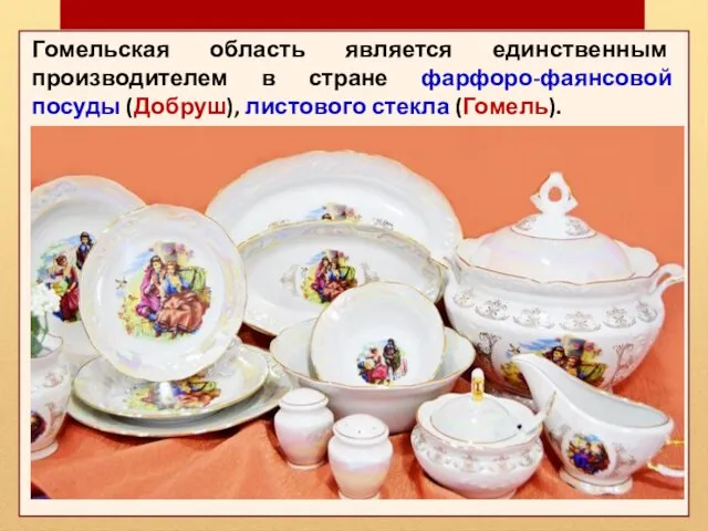 Гомельская область является единственным производителем в стране фарфоро-фаянсовой посуды (Добруш), листового стекла (Гомель).