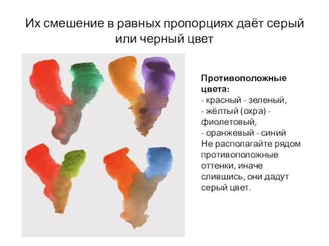 Их смешение в равных пропорциях даёт серый или черный цвет Противоположные цвета: