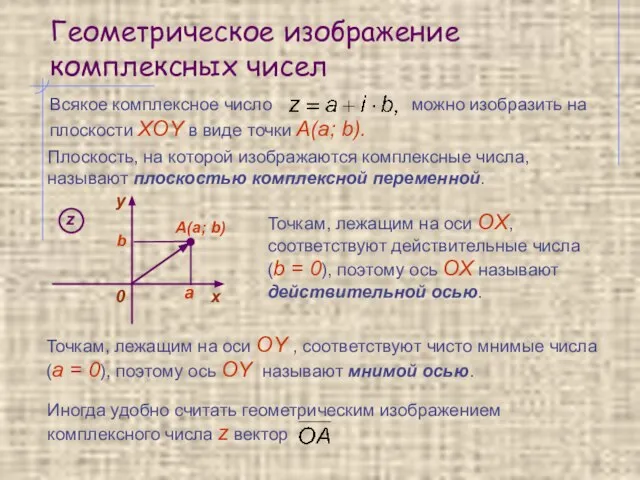 Геометрическое изображение комплексных чисел Плоскость, на которой изображаются комплексные числа, называют плоскостью