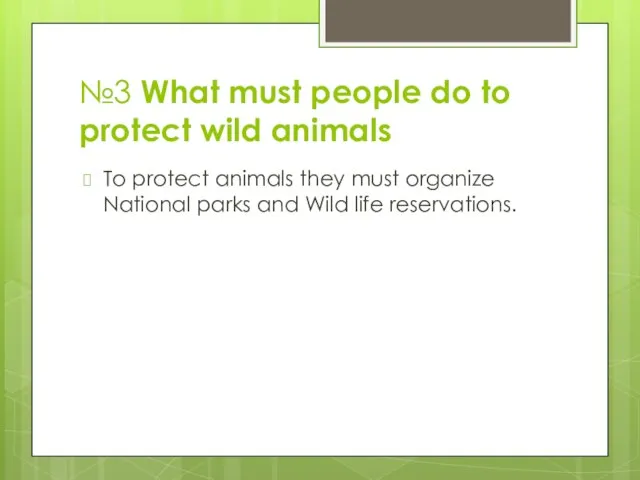 №3 What must people do to protect wild animals To protect animals