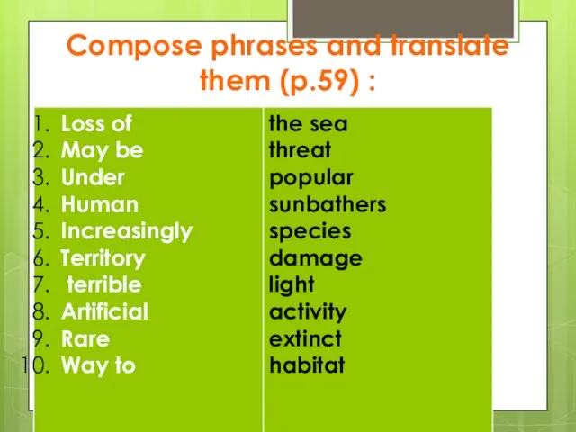 Compose phrases and translate them (p.59) :