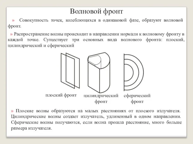 Волновой фронт » Совокупность точек, колеблющихся в одинаковой фазе, образуют волновой фронт.