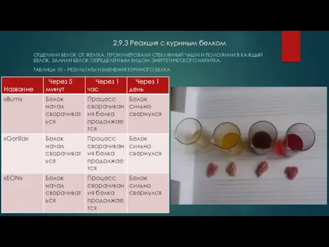 2.9.3 Реакция с куриным белком ОТДЕЛИЛИ БЕЛОК ОТ ЖЕЛТКА, ПРОНУМЕРОВАЛИ СТЕКЛЯННЫЙ ЧАШИ