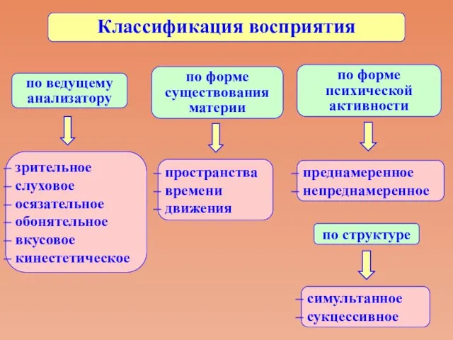 Классификация восприятия по ведущему анализатору по форме существования материи по форме психической