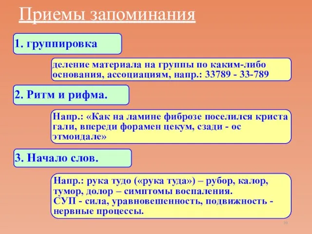 Приемы запоминания 1. группировка 2. Ритм и рифма. 3. Начало слов. деление