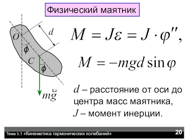 Тема 5.1 «Кинематика гармонических колебаний» Физический маятник d – расстояние от оси