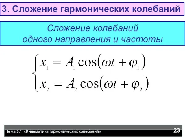 Тема 5.1 «Кинематика гармонических колебаний» 3. Сложение гармонических колебаний Сложение колебаний одного направления и частоты