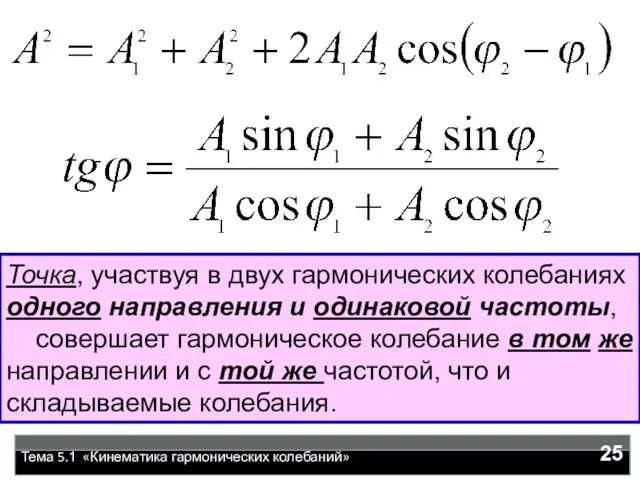 Тема 5.1 «Кинематика гармонических колебаний» Точка, участвуя в двух гармонических колебаниях одного