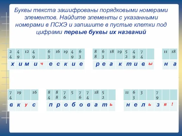 Буквы текста зашифрованы порядковыми номерами элементов. Найдите элементы с указанными номерами в