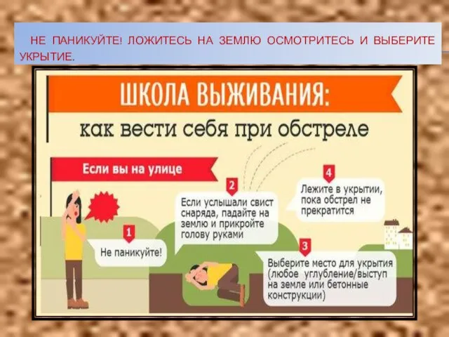 НЕ ПАНИКУЙТЕ! ЛОЖИТЕСЬ НА ЗЕМЛЮ ОСМОТРИТЕСЬ И ВЫБЕРИТЕ УКРЫТИЕ.