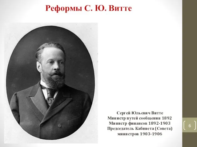 Реформы С. Ю. Витте Сергей Юльевич Витте Министр путей сообщения 1892 Министр