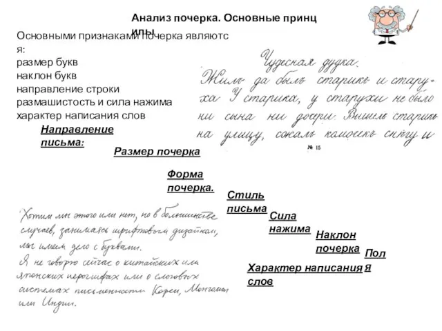 Анализ почерка. Основные принципы Основными признаками почерка являются: размер букв наклон букв