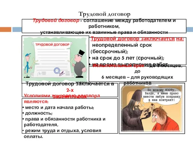 Трудовой договор Трудовой договор - соглашение между работодателем и работником, устанавливающее их