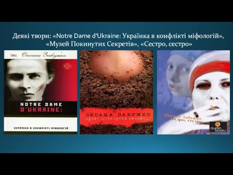 Деякі твори: «Notre Dame d'Ukraine: Українка в конфлікті міфологій», «Музей Покинутих Секретів», «Сестро, сестро»