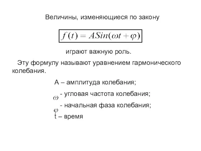 Величины, изменяющиеся по закону играют важную роль. Эту формулу называют уравнением гармонического