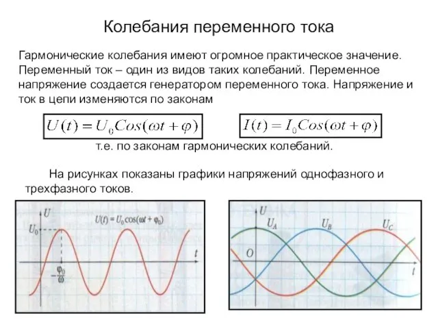 Колебания переменного тока Гармонические колебания имеют огромное практическое значение. Переменный ток –