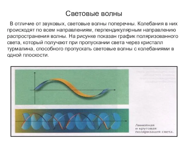 Световые волны В отличие от звуковых, световые волны поперечны. Колебания в них