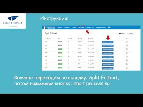 Инструкция: Вначале переходим во вкладку: Split Fultext, потом нажимаем кнопку: start processing