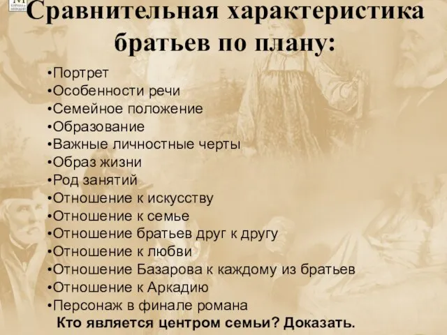 Сравнительная характеристика братьев по плану: Портрет Особенности речи Семейное положение Образование Важные