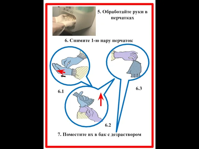 7. Поместите их в бак с дезраствором 6. Снимите 1-ю пару перчаток