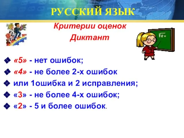 РУССКИЙ ЯЗЫК Критерии оценок Диктант «5» - нет ошибок; «4» - не