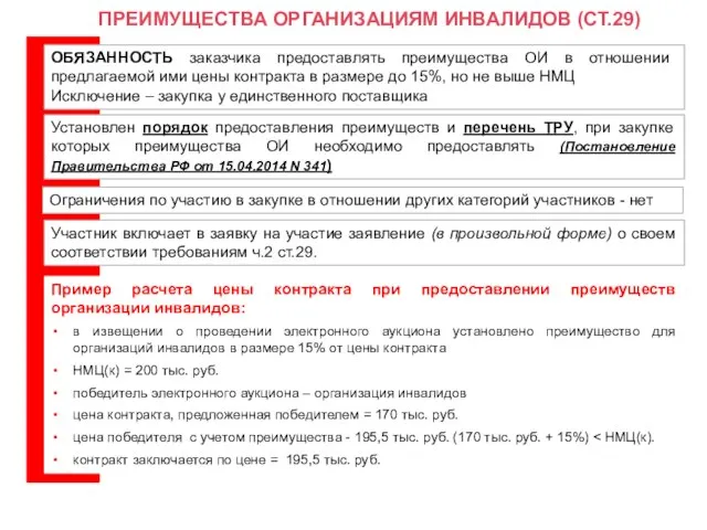 ПРЕИМУЩЕСТВА ОРГАНИЗАЦИЯМ ИНВАЛИДОВ (СТ.29) ОБЯЗАННОСТЬ заказчика предоставлять преимущества ОИ в отношении предлагаемой