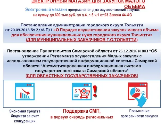 Повышение прозрачности закупок Экономия средств бюджета за счет конкуренции Поддержка СМП, в