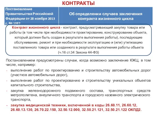 КОНТРАКТЫ Контракт жизненного цикла - контракт, предусматривающий закупку товара или работы (в