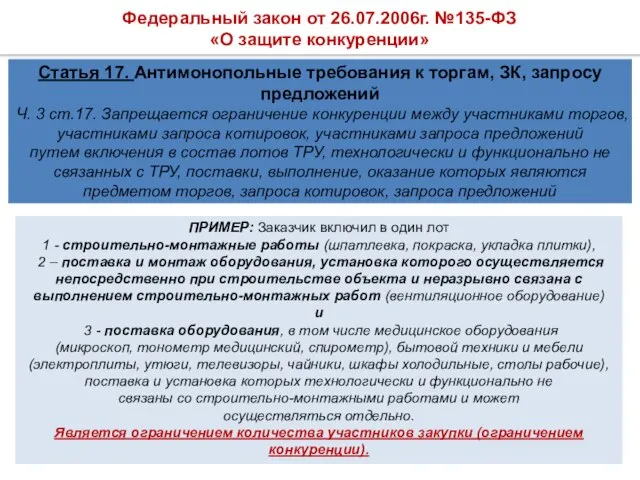 ПРИМЕР: Заказчик включил в один лот 1 - строительно-монтажные работы (шпатлевка, покраска,