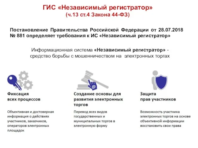 ГИС «Независимый регистратор» (ч.13 ст.4 Закона 44-ФЗ) Информационная система «Независимый регистратор» -