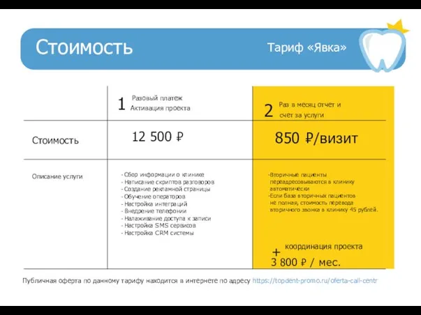 Стоимость Тариф «Явка» Публичная оферта по данному тарифу находится в интернете по адресу https://topdent-promo.ru/oferta-call-centr