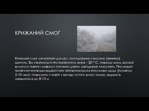 КРИЖАНИЙ СМОГ Крижаний смог характерний для міст, розташованих у високих (північних) широтах.