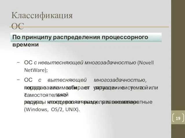 Классификация ОС По принципу распределения процессорного времени ОС с невытесняющей многозадачностью (Novell