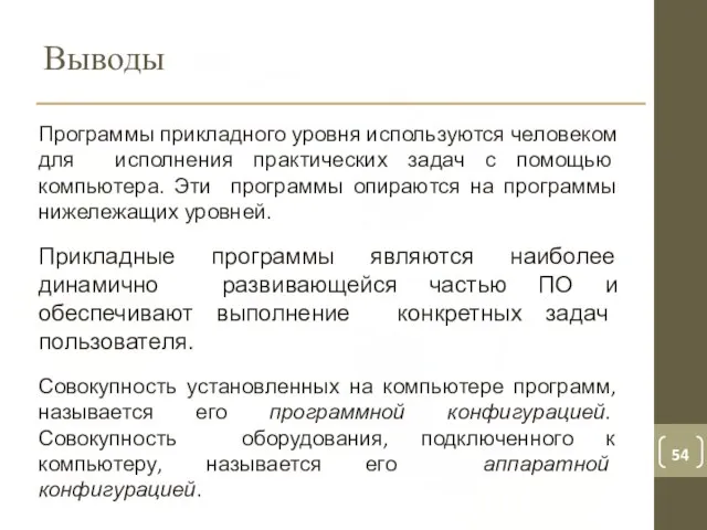 Выводы Программы прикладного уровня используются человеком для исполнения практических задач с помощью