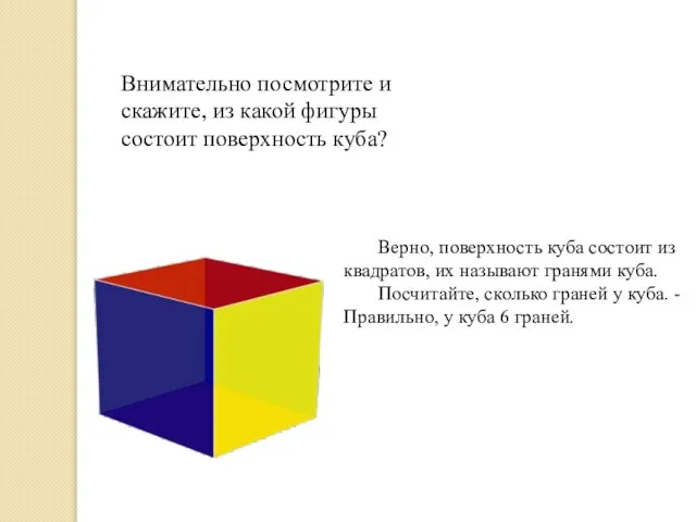 Внимательно посмотрите и скажите, из какой фигуры состоит поверхность куба? Верно, поверхность